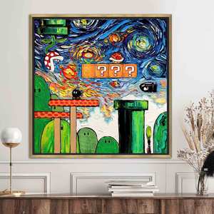 Impresión Artística de la Noche Estrellada de Van Gogh y Mario World: Decoración para Cuarto de Videojuegos, Lienzo con Marco Dorado - Product Image 1