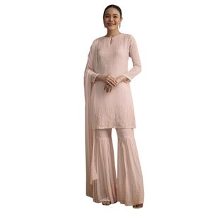Abito tradizionale da festa per matrimoni e damigelle rosa Chinon Sharara con paillettes - Product Image 1