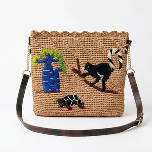 Bolso bandolera bohemio de rafia con bordado de animales de dibujos animados, correa para el hombro, bolso informal de capacidad media para mujer - Product Image 1