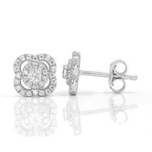 Round Diamond Flower Design Prong <b>Set</b> <b>Stud</b> <b>Earrings</b> - Product Image 1