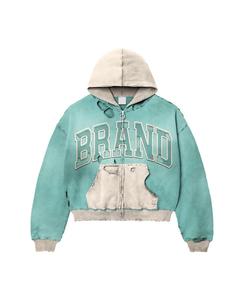 Custom Distressed Hoodie Applique Embroidery Patch <b>Zip</b> <b>up</b> Hoodie Jacket Heavyweight French Terry Acid Wash Vintage Hoodies Men - Product Image 1