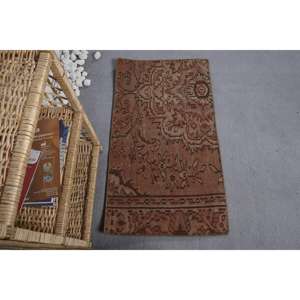 Alfombra Rectangular Hecha a Mano, Ecológica, Vintage, de Lana Marrón, Pelo Medio, con Diseño de Patchwork, para Comedor, 1.9 x 3.4 pies, con Base de Látex - Product Image 1