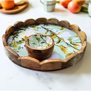 Plateau rond décoratif en bois Art Déco à motif végétal pour le thé, le café et les collations, utilisation multifonctionnelle pour les mariages - Product Image 5