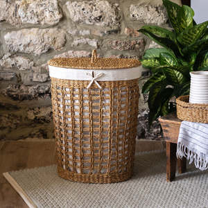 Handmade Seagrass Laundry <b>Hamper</b> Woven Tall Basket with Liner Natural Hyacinth <b>Storage</b> Organizer Eco Friendly Decor - Product Image 5