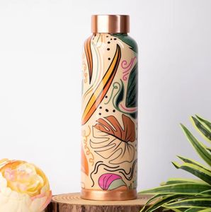 Botella de agua de cobre con diseño blanco y negro impreso en esmalte de tendencia para beneficios de Ayurveda para regalo, uso escolar y de oficina - Product Image 5