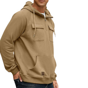 Pull-over à fermeture éclair pour hommes en plein air cargo 1/4 sweat-shirt de sport randonnée à capuche multi-poches vestes tissu 80% coton polyester - Product Image 4