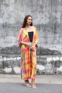 OEM Service Women Batwing Sleeve <b>Long</b> <b>Cardigan</b> Bohemian Oversized Tie Dye Solid Natural Waist Cotton Beach Kimono Maxi <b>Dress</b> - Product Image 4