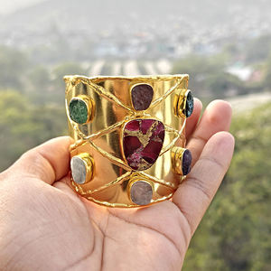 Trendy jewelry natural uncut raw multi stone with mohave <b>ruby</b> copper turquoise adjustable <b>bracelet</b> 18k gold plated designer cuff - Product Image 5