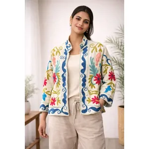 Stylish SUZANI Elegant <b>Short</b> Outerwear <b>Jacket</b> Mandarin Collar Full Sleeve Breathable Sheep Skin Comfortable Patchwork Animal - Product Image 1