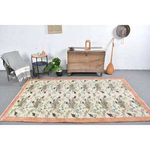 Alfombra tradicional de lana naranja Beige de 5x8,5 pies Vintage turco clásico diseño de retazos para sala de estar dormitorio tejido con respaldo de látex - Product Image 1