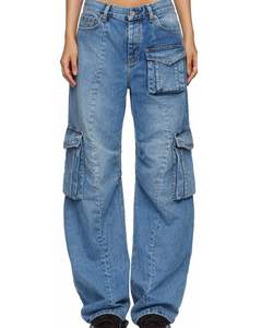 Pantalones Vaqueros Cargo Azules Personalizados para Mujer, Cintura Alta, Pierna Ancha, con Bolsillos Utilitarios, Ropa Urbana de Moda, Suministro del Fabricante, OEM - Product Image 1