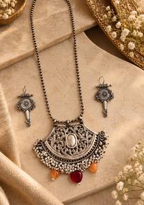 Designer Chitai Work Pendant Necklace for Women | <b>Handmade</b> Brass <b>Jewellery</b> with Pure <b>Silver</b> Design | Free Matching Earrings - Product Image 6