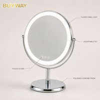 Miroir de maquillage LED rond argenté avec anneau lumineux et bras en U réglable, miroir de table inclinable en chrome poli