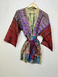 มัดย้อม, เสื้อคลุมกิโมโนสั้น, เสื้อคลุมผ้าไหมบริสุทธิ์, เสื้อคลุมผ้าไหมมัดย้อม, เสื้อคลุมผ้าไหมผู้หญิง, กิโมโนย้อมมือผูก, กิโมโนหลากสี - Product Image 3