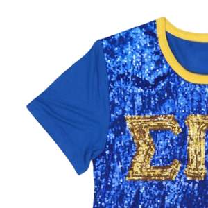 Sigma Gamma Rho SGRho Sequin Tee Royal Blue <b>Gold</b> Greek Letters <b>Sparkle</b> <b>Top</b> Embroidered Sorority Apparel Party T Shirt - Product Image 2