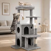 Maison pour chat moderne et confortable avec double porte, condo, perchoirs, griffoir en sisal, panneaux de particules et carton pour chats d'intérieur