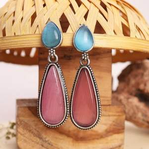 Oxidized <b>Silver</b> Dangle Earrings with Pear Cut Gemstone and Bezel Setting Women's Classic Fashion Gift - Product Image 1