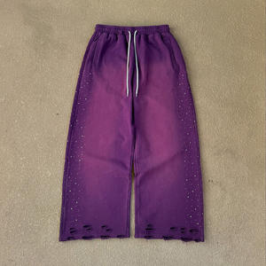 Custom <b>Men's</b> Wide Leg Acid Wash <b>Baggy</b> Flare Sweatpants Cotton Fleece Jogger with Rhinestones Sun Faded Canvas Pants - Product Image 1