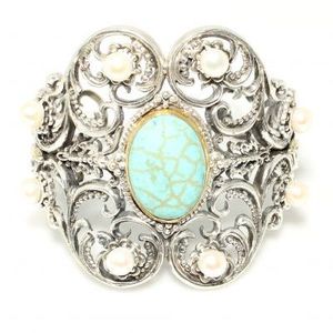 Bracelet Byzantin en Argent Sterling 925, Motif Constantinople, avec Pierre Turquoise Ovale Sertie en Bezel, Chaîne Fine à Maillons, Idéal pour le Quotidien - Product Image 2