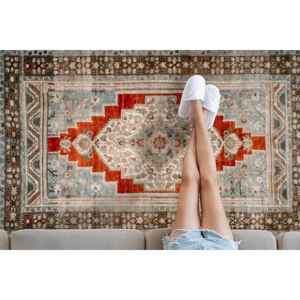 Alfombra Geométrica Roja con Medallones: Alfombra de Estilo Persa, Decoración para Sala de Estar, Alfombra Delgada No Tejida - Product Image 2