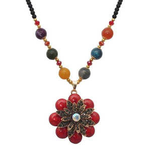 สร้อยคอลูกปัดลายดอกไม้พร้อมลูกปัดสีแดงและหินชุบทอง1105930-สร้อยคอจี้ชุบทอง - Product Image 1