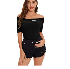 Hot Women's Sexy Off Shoulder manga corta Slim Fit Mesh Insert Top Shirt - Product Image 2