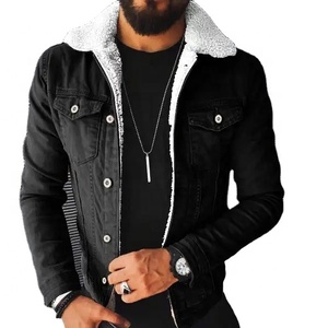 Giacca di lana <span class=keywords><strong>cappotto</strong></span> di montone Giacca di jeans da <span class=keywords><strong>uomo</strong></span> con distintivo di pelliccia Bomber in tessuto di jeans sottile girocollo stampato in maglia formale - Product Image 1