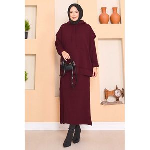 Burgundy Hooded Sweater and Two-Piece Dress <b>Set</b> with Breathable Hijab Detail Elegant and Comfortable Outfit - Product Image 3