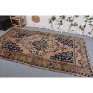 Alfombra turca Vintage de 5,7x10,2 pies, lana azul Beige hecha a mano con pelo de felpa, patrón abstracto Rectangular de altura para dormitorio - Product Image 2