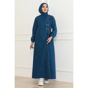 Abaya Mega Merchant Modelo 41459 para Mujer, Estilo Modesto, Color Azul Denim Oscuro, con Botones Delanteros y Lazos Laterales - Product Image 6