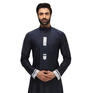 Prix de gros thobe pour hommes 2023 best-seller thobe pour hommes personnalisé rayures blanches teint en bleu thobe pour hommes longue longueur bloc de couleur - Product Image 2