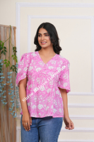 Chemisier court floral pour femme en coton 100% rose pâle, imprimé à la main, style ethnique traditionnel, décontracté, pour fêtes, naturel et écologique