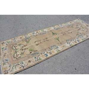 Tapis de Chevet Vintage Turc Classique Rectangle 3 X 9.2ft Fait à la Main Laine Patchwork Design Latex Support Modèle Beige Vert - Product Image 2