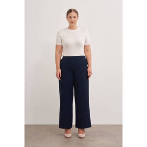 Pantalon palazzo taille haute pour femme, coupe large, bleu marine, en tissu froissé respirant avec taille élastique - Product Image 1
