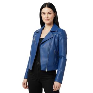 Veste de moto en cuir bleu de haute qualité pour femmes, vente en gros personnalisée en vrac, prix d'usine, style motard authentique, manteau pour femmes, approvisionnement OEM - Product Image 1