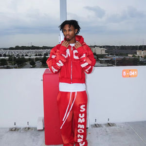 ชุดกีฬามีซิปรูดและกางเกงมีฮู้ดกางเกงกันหนาวปักลาย3D ผ้าเกล็ดปลาสีกรดซีดจาง - Product Image 1