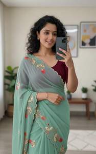 Sari en Georgette lourde pour femme, motif floral Butta avec bordure brodée Khatli, fabriqué en Inde, en stock - Product Image 4