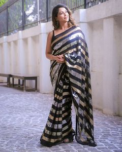 Designer indien de Bollywood dernière tenue de fête exclusive de couleur noire Saree nuptiale superbe look à la mode exclusif Georgette Saree - Product Image 2