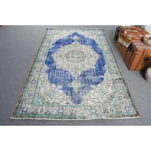 Alfombra Turca Vintage de 5.9x9.5 pies (181x289 cm), Alfombra de Lana Azul con Puntos - Product Image 1