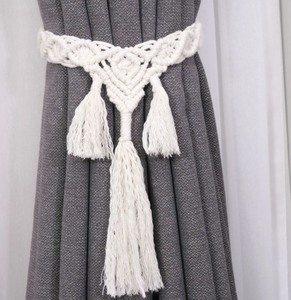 Boho <b>Macrame</b> Curtain Woven Ties -White Farmhouse Curtain Tie Backs Made of Hand-Woven Cotton Rope Window Decor - Product Image 1