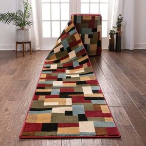 Alfombra de corredor acolchada geométrica tejida hecha a mano boutique para espacios activos y áreas de alto tráfico para ejercicio de camping en casa - Product Image 1