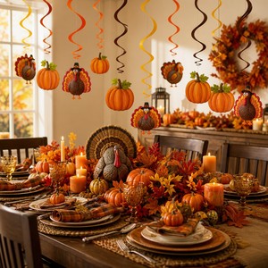 Thanksgiving Party Decorations Turkey Pumpkin Hanging Swirls Table Decor Set <b>Paper</b> Fall Harvest Party Supplies Wholesale - Product Image 3