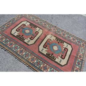 Alfombra tradicional Kilim roja y azul de 4,4X7 pies, alfombra rectangular de lana turca de área grande, alfombra abstracta de látex de 10mm para pasillo, alfombra para habitación - Product Image 4