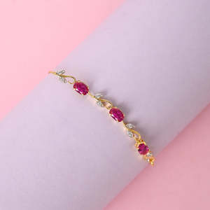 NOVAMART Fine 925 Pure Silver Golden <b>Ruby</b> Tennis <b>Bracelet</b> with Princess Cut Diamond and Pearl 14K & 18K Gold Plated Rhodium Over - Product Image 3