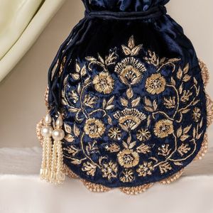 DAZZLING-HEAVY EMBROIDERY NAVY-<b>BLUE</b>-Potli Bag 2024 Collection Made Silk Embellished PEARLS Crystal Glass <b>Beads</b> DABKA Work for - Product Image 1