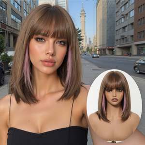 Perruque synthétique sans colle Bethany-DWY de 12 pouces pour femmes, fabriquée à la machine, coupe courte bob droite, brun châtain avec reflets roses - Product Image 3