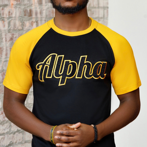 Alpha Script Raglan Chenille Tee Noir Or Manches Grecques Vie Fraternité T Shirt Personnalisé Coton Sports Casual Apparel Wear - Product Image 2