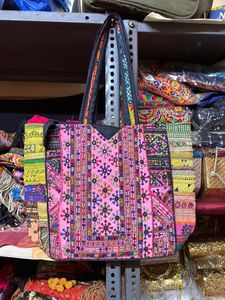 Bohemian Embroidered Cotton Tote <b>Bag</b> With Shell And Mirror Work Panelled Design For Women Shopping - Product Image 6