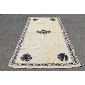 พรมวินเทจขนาด 5x8 ฟุต, พรมตุรกี, พรมขนสัตว์ลายดอกไม้สีเบจ - Product Image 1