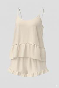 Ribbed Knit Woven Ruffle Hem Camisole Shorts Set Women Trendy <b>Pajama</b> Sleepwear Lounge Front Logo OEM Factory Direct - Product Image 6